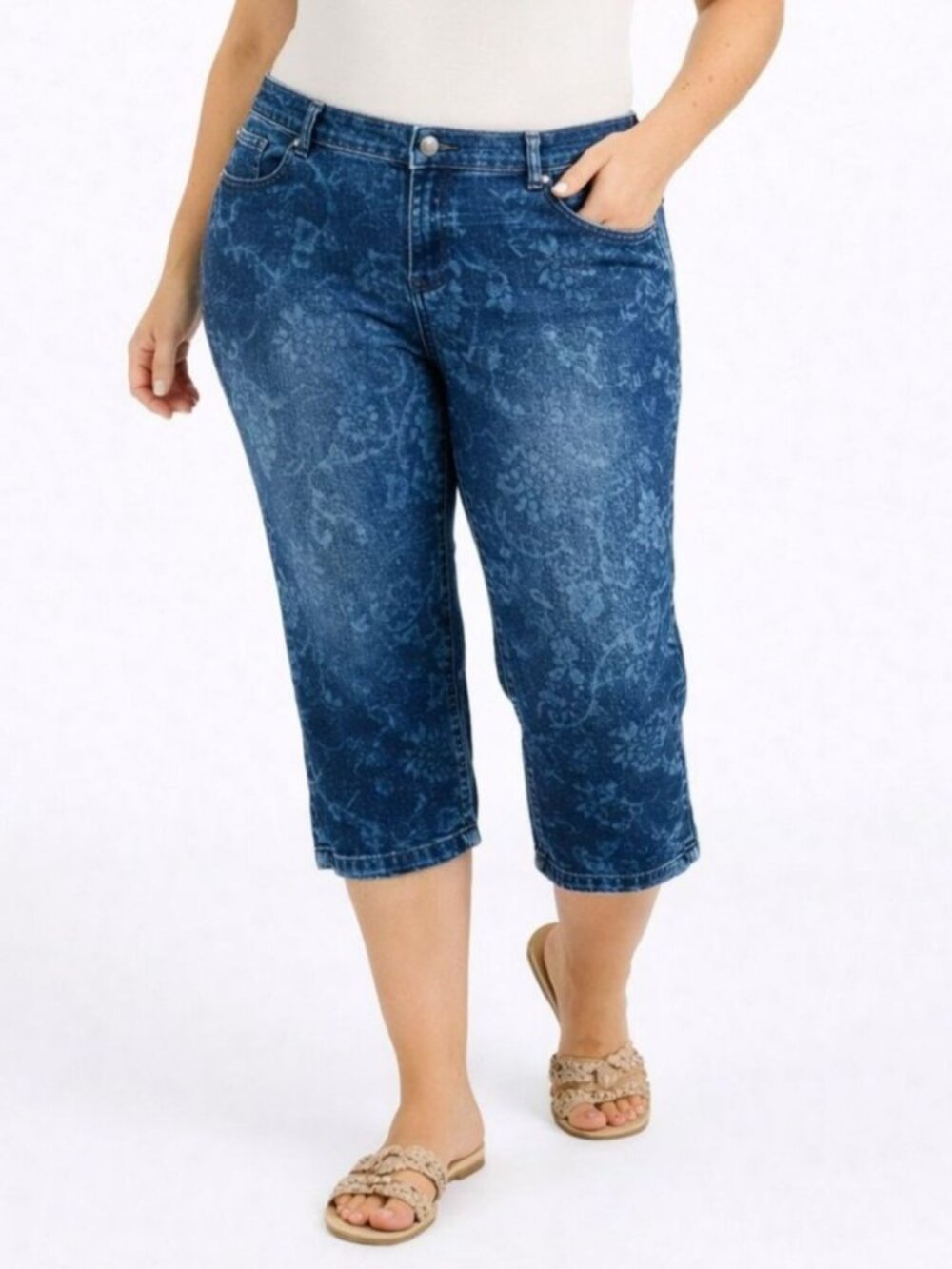 Chicos Womens Pull On Jeggings Capri Floral Blue Print Stretch Denim Size 1 | 8